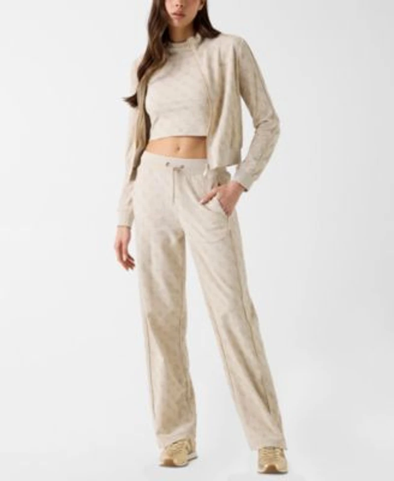 Guess Womens 4g All Over Jacquard High Neck Full Zip Jacket All Over Pattern Short Sleeve T Shirt Wide Leg Pants