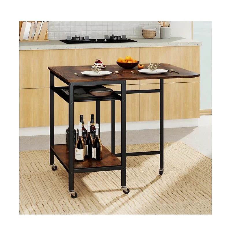 Gouun Folding Dining Table with Wine Rack, Open Shelf, and Wheels