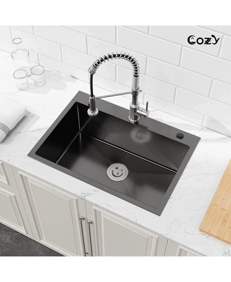 Busdays 27 x 19 Inches Stainless Steel Kitchen Sink Single Bowl Overmount Handmade with Us Standard Drain and Hook