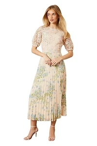 Oasis Women's Floral Lace Bodice Pleated Midi Dress