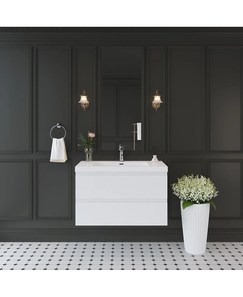 Sillysis Inch Glossy Wall Mounted Bathroom Vanity with Resin Sink and Soft Close Drawers