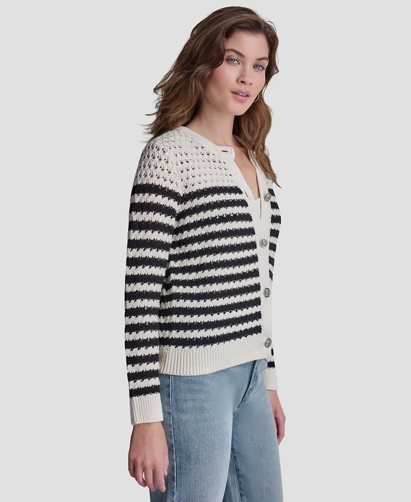 Dkny Jeans Petite Long-Sleeve Stripe Pointelle Stitch Cardigan