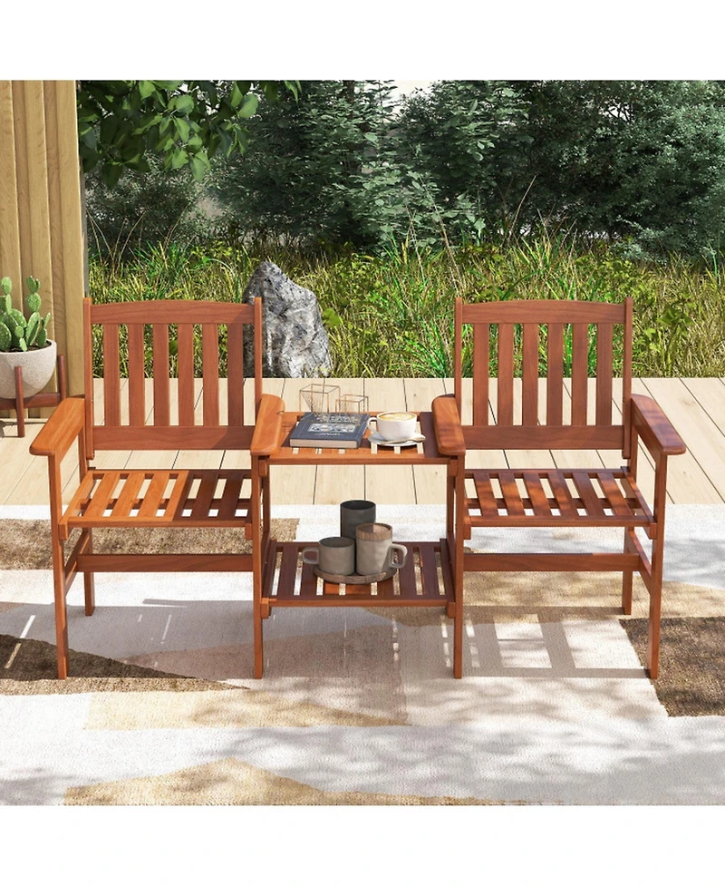 Gouun 2-Seater Solid Wood Outdoor Chair Set with 2-Tier Side Table and Umbrella Hole