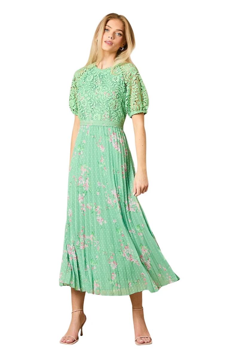 Oasis Women's Floral Lace Bodice Pleated Midi Dress