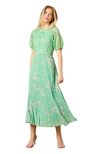 Oasis Women's Floral Lace Bodice Pleated Midi Dress