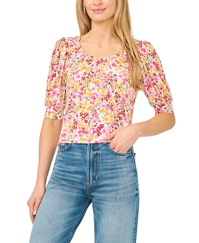 CeCe Women's Printed Crewneck Shirred Top
