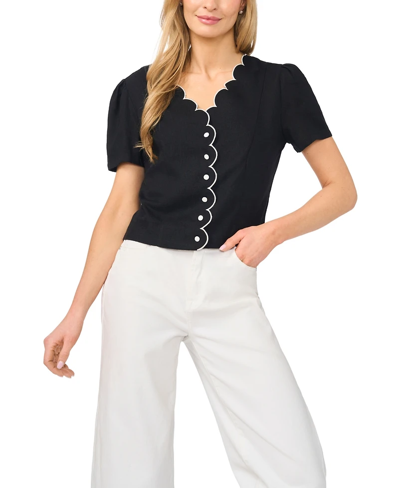 CeCe Women's Short-Sleeve V-Neck Scallop Edge Top
