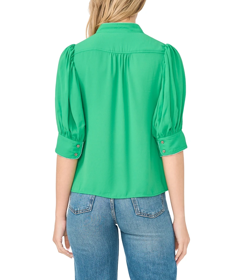 CeCe Women's Pearce Puff-Sleeve Open Collar Top