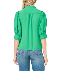 CeCe Women's Pearce Puff-Sleeve Open Collar Top