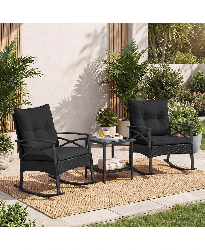 Slickblue 3 Piece Outdoor Rattan Rocking Chair Set with Side Table