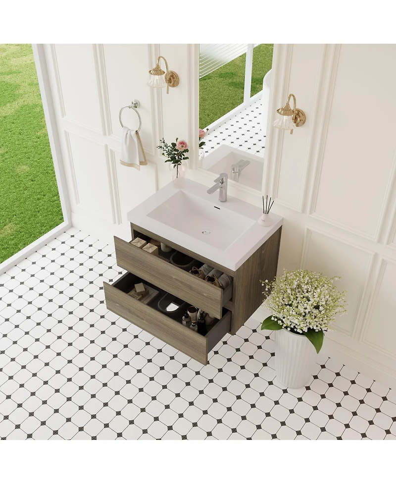 Sillysis 29.5 Inch Wall Mounted Bathroom Vanity with Resin Sink, Soft Close Drawers, Modern Storage Cabinet, Easy Installation
