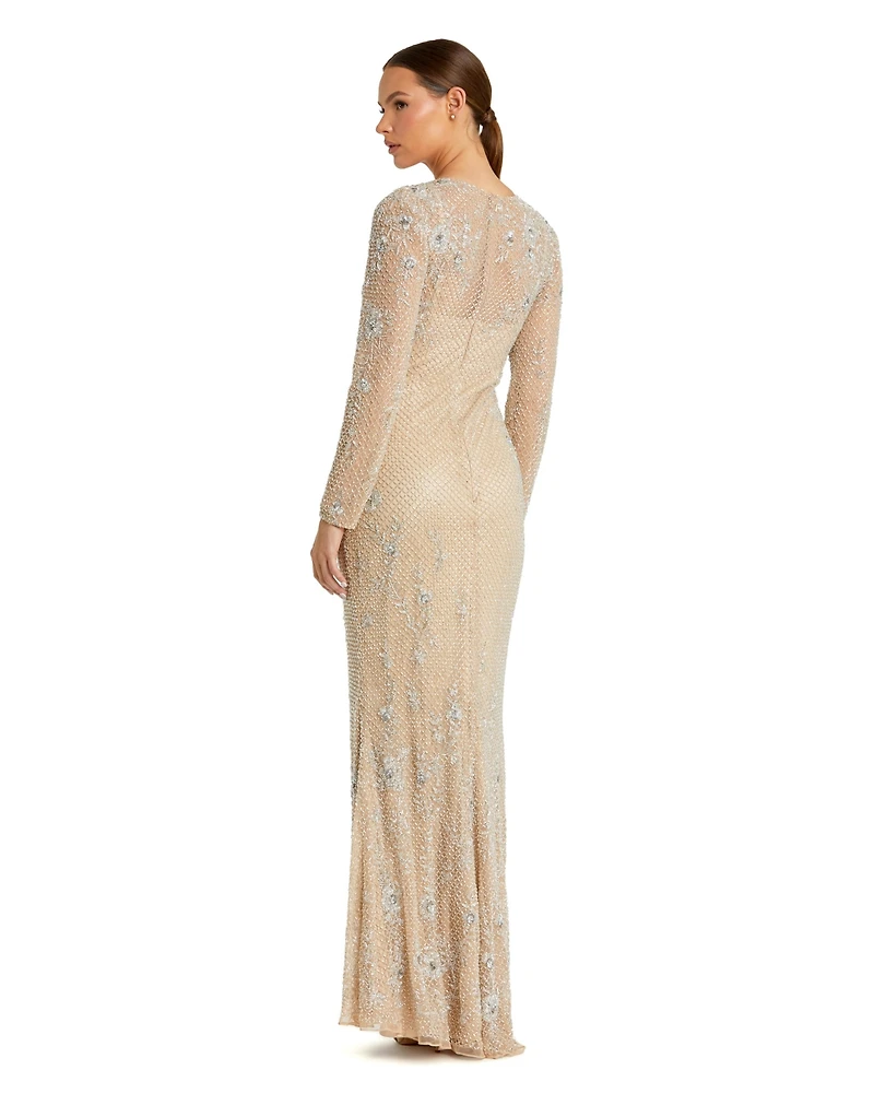 Mac Duggal Women's Long Sleeve Beaded Sheath Evening Gown