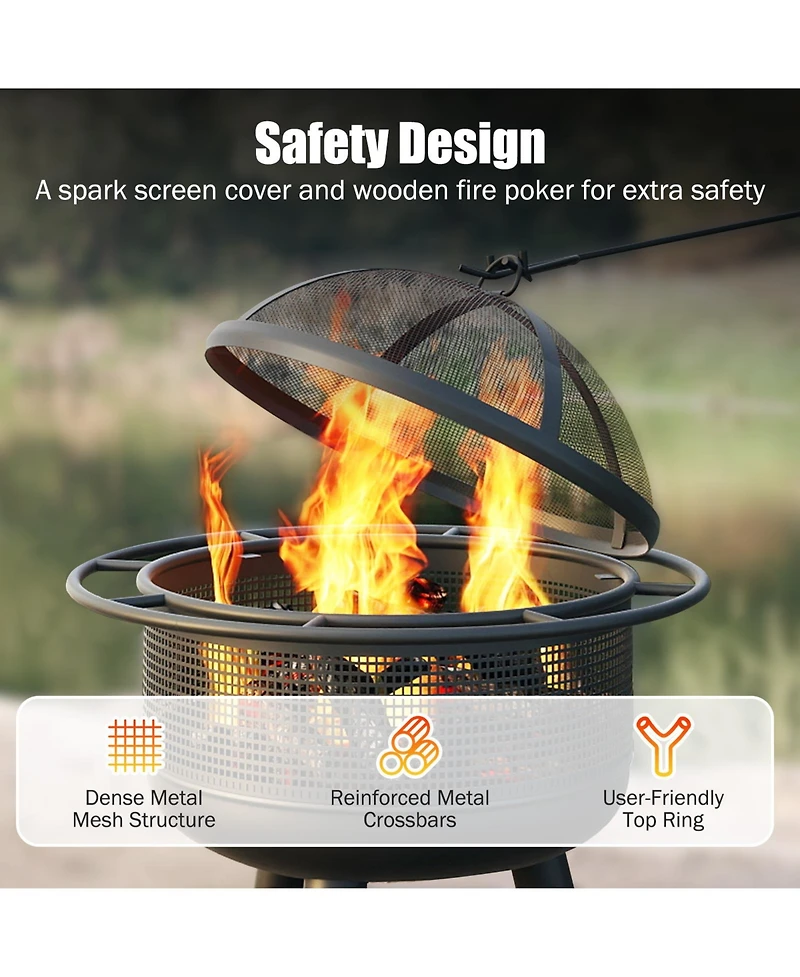 Slickblue Wood Fire Pit for Outdoor Use with Log Grate and Protective Mesh Screen