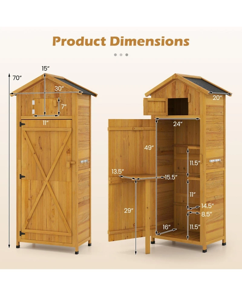 Gouun 70 in. Tall Fir Wood Garden Tool Storage Cabinet with Lockable Doors and Foldable Table