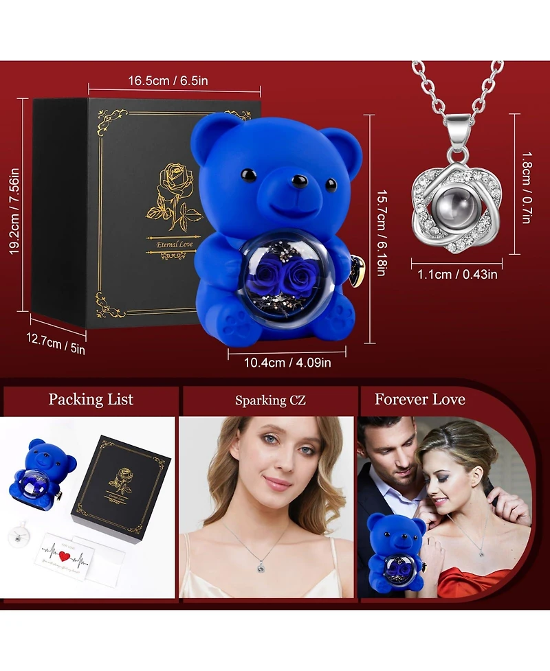 Gnuadz Rose Bear Necklace Gift Box Preserved Flower