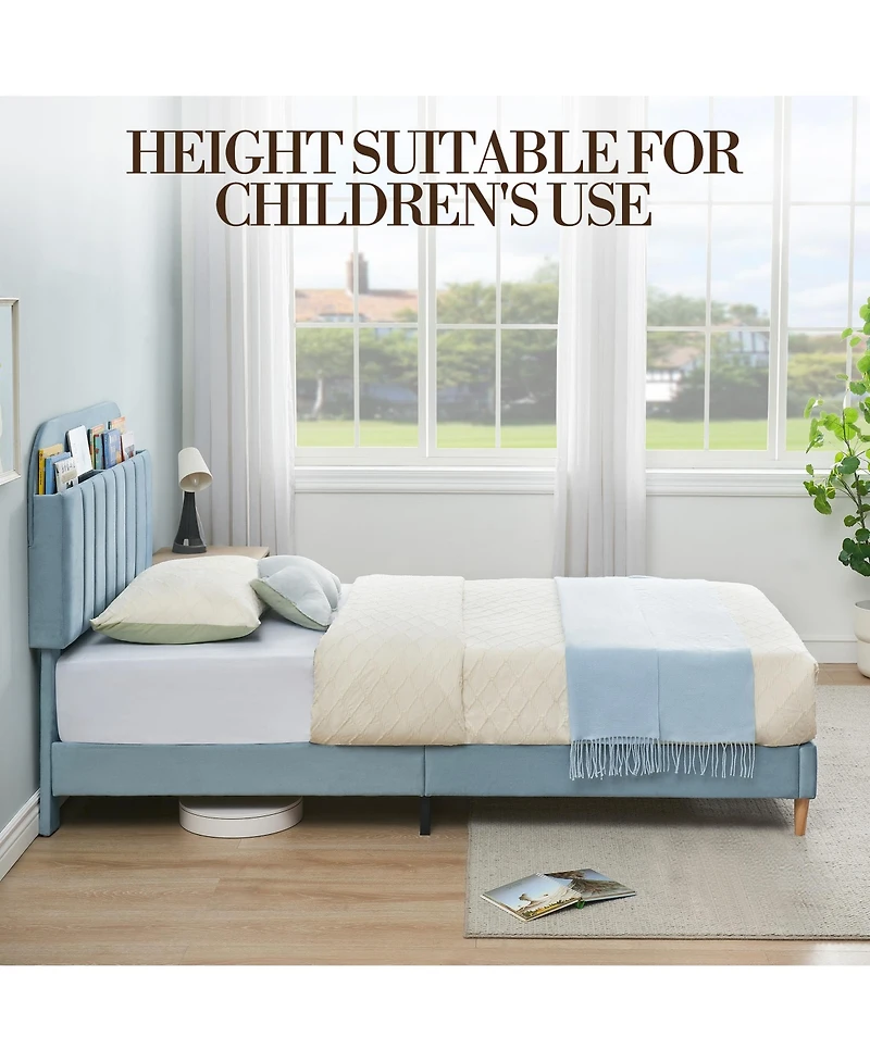 homfan Upholstered Bed Frame with Bookcase Headboard, Storage Cubbies and Wooden Slats Support