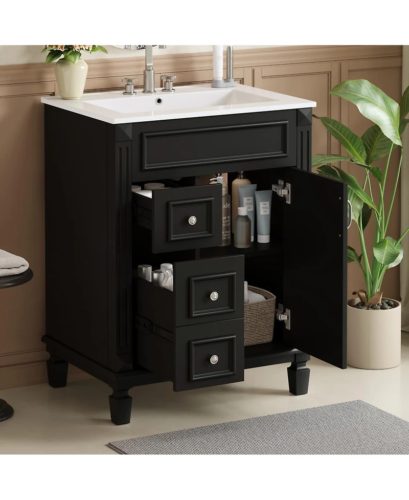 Sillysis Bathroom Vanity with Ceramic Sink, 2 Drawers and Adjustable Shelf, Modern French Freestanding Cabinet for Small Spaces