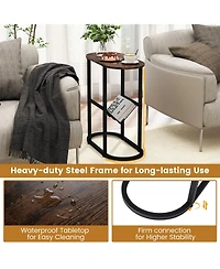 Slickblue Industrial Oval End Table with 2-Tier Design and Mesh Storage Shelf