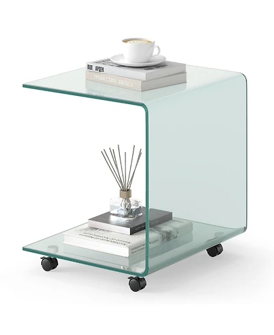 Slickblue Modern C-Shaped Side Table with Tempered Glass and Shelf for Sofa Bed Use