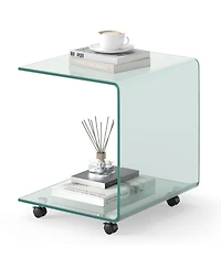 Slickblue Modern C-Shaped Side Table with Tempered Glass and Shelf for Sofa Bed Use