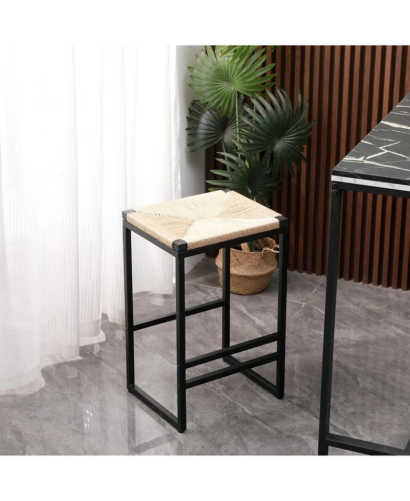 flynama Set Of 2 Backless Paper Rope Woven Bar Stools Metal Frame Counter Height Stools For Kitchen Island Dining Room And Cafe