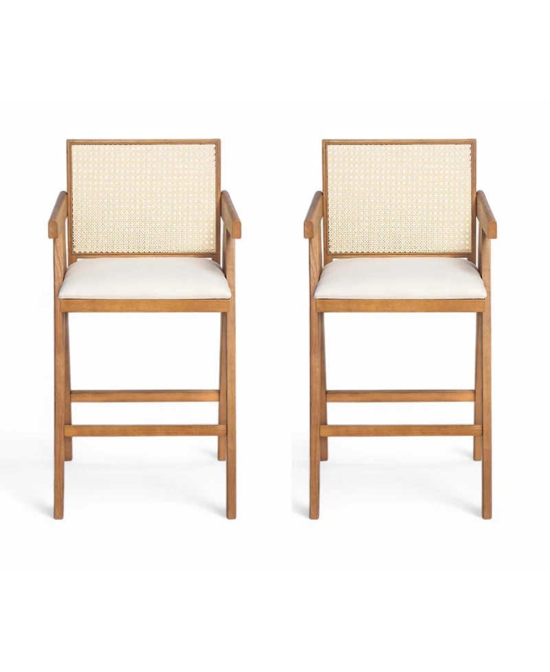 flynama 27" Woven Cane Plastic Back Bar Stool, Rubberwood Frame
