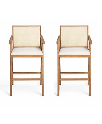 flynama 27" Woven Cane Plastic Back Bar Stool, Rubberwood Frame
