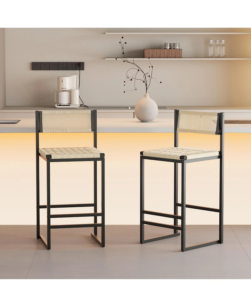 flynama Woven Paper Rope Bar Stools Set of 2 with Backrest, Style B
