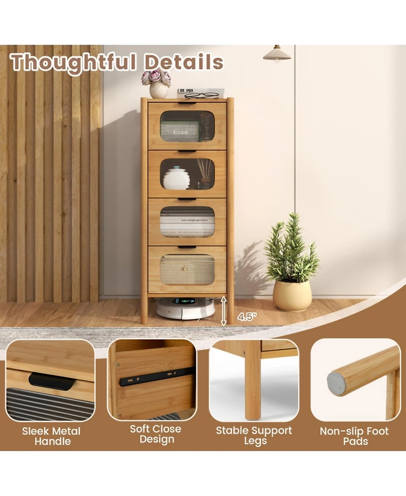 Gouun 4-Drawer Bamboo Storage Cabinet with Fluted Tempered Glass Drawers