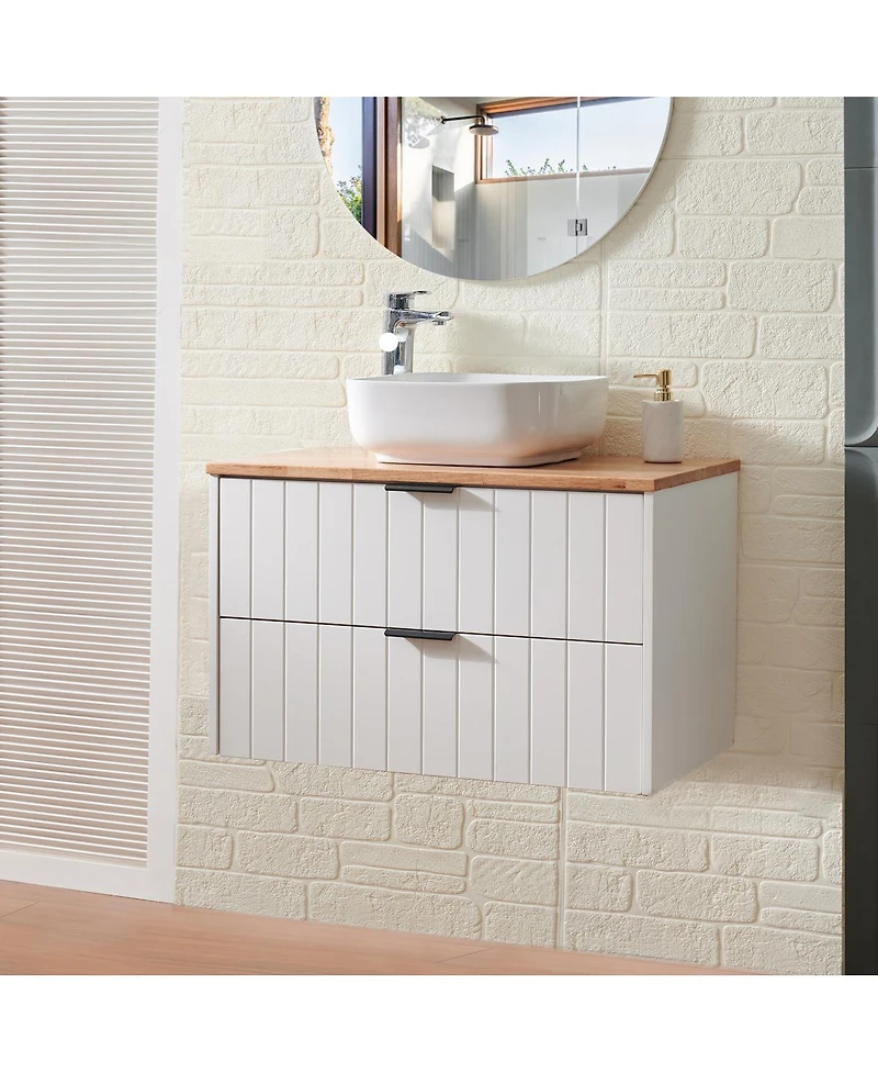 Sillysis Wall Mounted Bathroom Vanity with Solid Wood Top, Square Ceramic Sink, Double Drawers, Modern Storage for Small Spaces