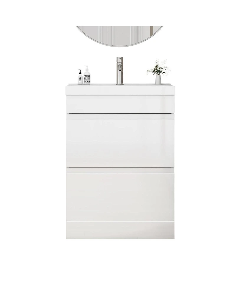 Sillysis Modern Freestanding Bathroom Vanity with Ceramic Sink, Soft Close Drawers, Glossy Storage Cabinet
