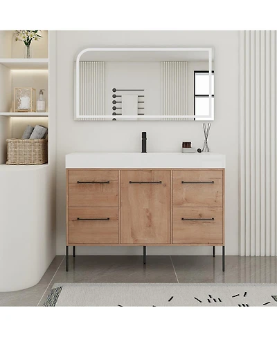 Sillysis Modern Bathroom Vanity with Resin Sink, Soft-Close Imitative Oak Plywood Cabinet, Water and Scratch Resistant for Bathroom