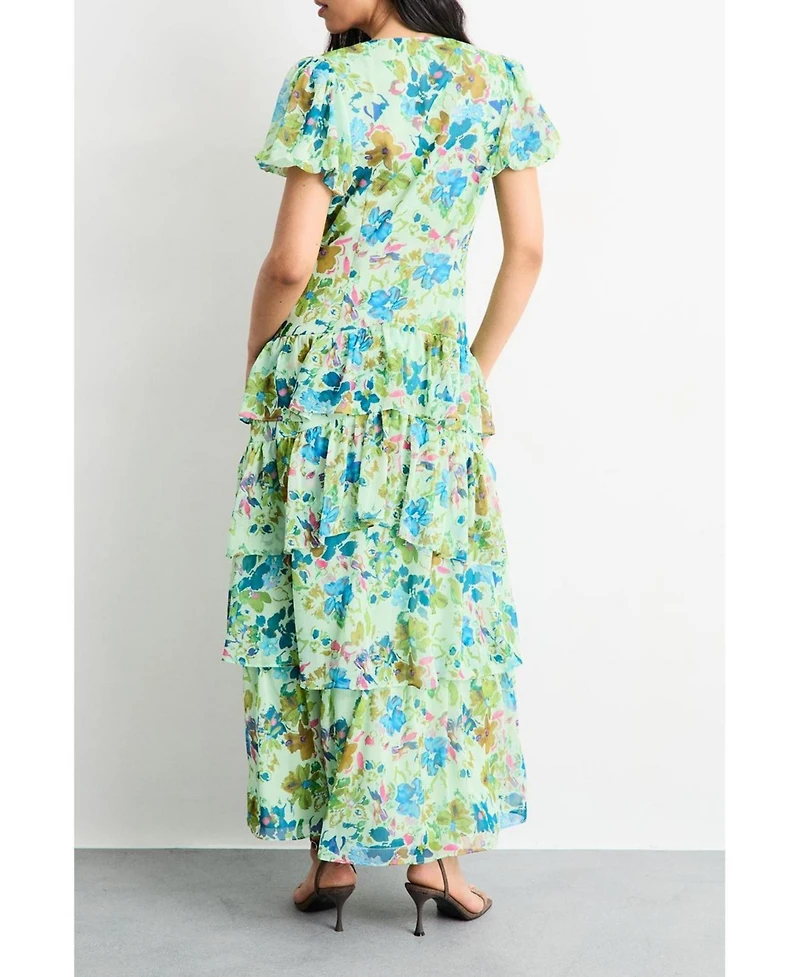 Warehouse Women's Waist Puff Sleeve Tiered Midi Dress