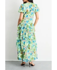 Warehouse Women's Waist Puff Sleeve Tiered Midi Dress