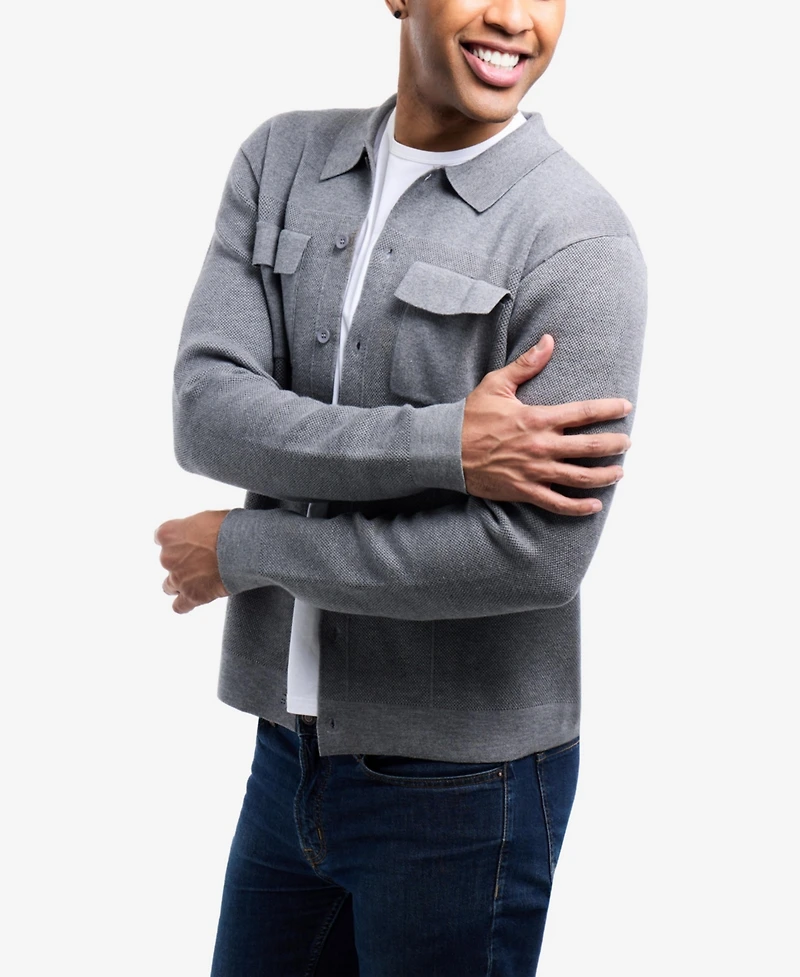 Spring + Mercer Men's Plus Long Sleeve Sweater With Full Buttoned Two Patch Pockets