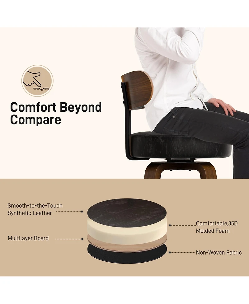Dyhome 24 inches Bar Stools Set of 2, Counter Height with Leather Pad Wood Back, Upholstered Barstools for Kitchen Island, Cafe
