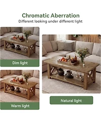 Tribesigns Solid Wood Coffee Table with X-Frame Side, 2-Tier Farmhouse Rectangular Center Table for Living Room, Accent Cocktail Tea Table