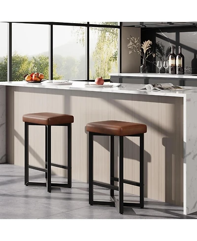 homfan 2 Pack Leather Counter Height Stools, Backless Upholstered Seat, Metal X Frame Footrest, Space Saving for Kitchen Home Bar Dining.