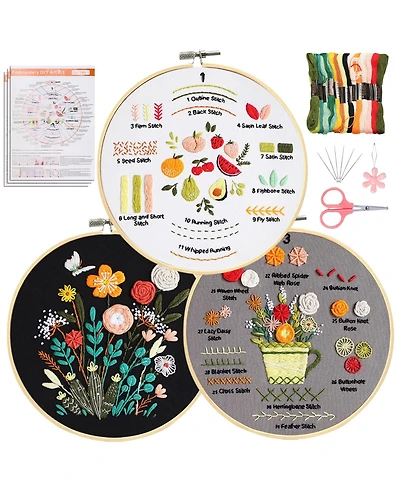 Gnuadz 3 Pack Embroidery Kit Beginner Adult Diy Stamped Pattern Hoop Thread Video Tutorial