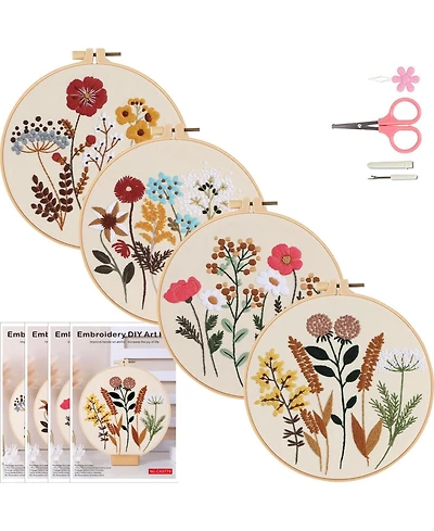 Gnuadz 4 Sets Floral Embroidery Kit Beginner Flower Pattern Practice Set