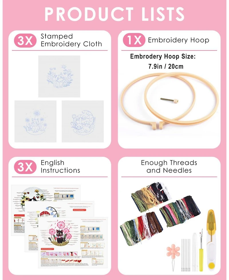 Gnuadz Embroidery Kit Cat Beginners Cloth Hoops Threads Hand Craft