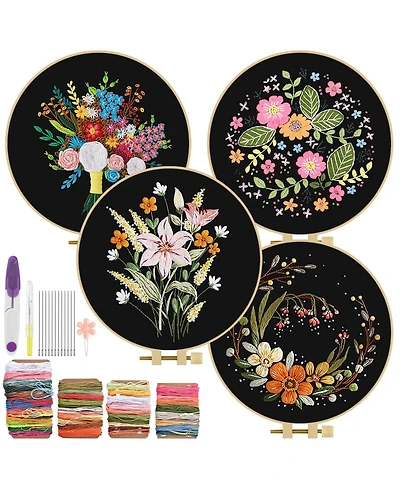 Gnuadz 4 Sets Embroidery Kit Floral Cross Stitch Cloth Hoops Threads
