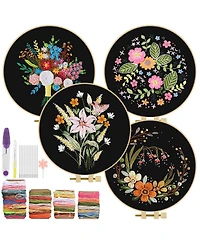 Gnuadz 4 Sets Embroidery Kit Floral Cross Stitch Cloth Hoops Threads