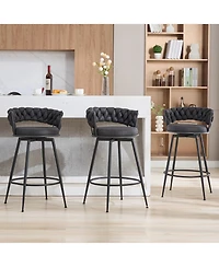 Dyhome 28 inch Bar Stools Set of 3, Modern Counter Height Stools, 360° Swivel Suede Fabric Stool Chairs with Woven Back and Footrest