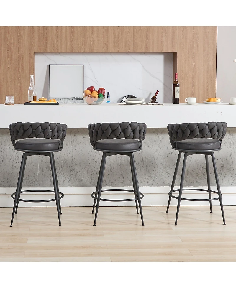 Dyhome 28 inch Bar Stools Set of 3, Modern Counter Height Stools, 360° Swivel Suede Fabric Stool Chairs with Woven Back and Footrest