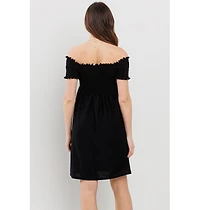 Hello Miz Maternity Off-the-Shoulder Smocked Swiss Dot Dress with Pockets