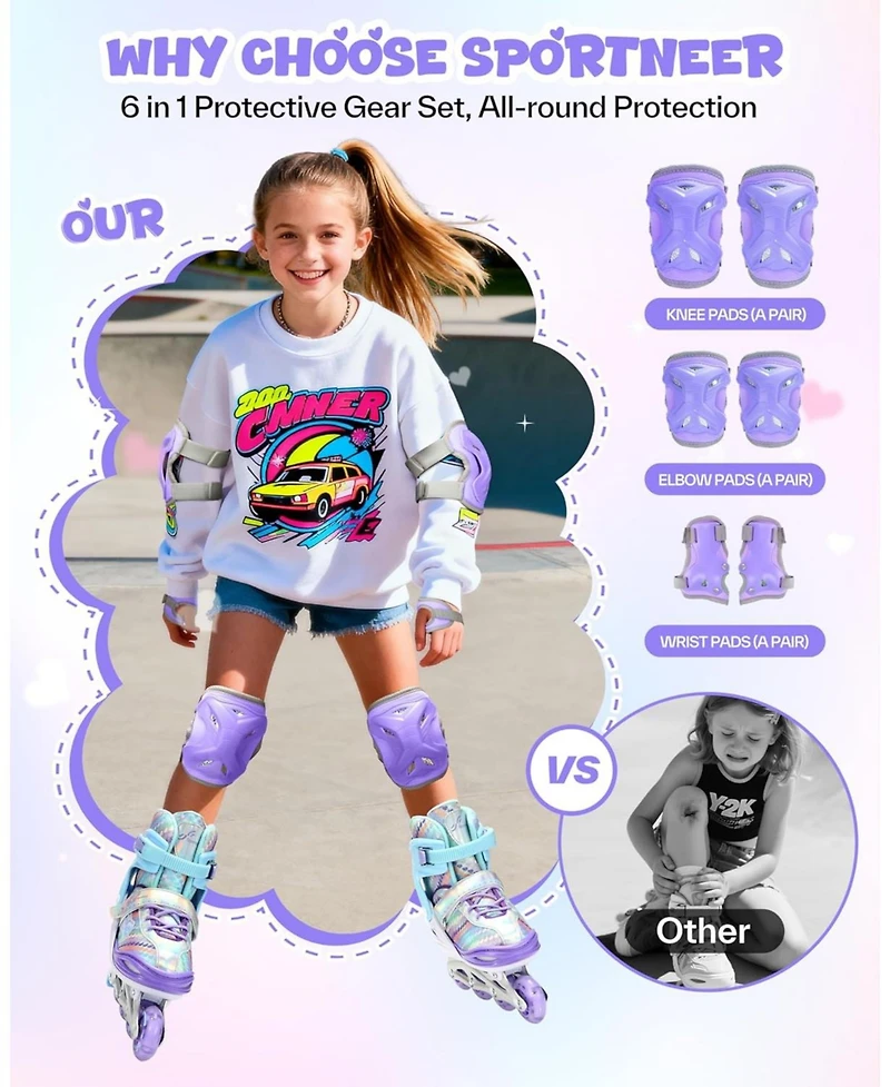 Sportneer Inline Skates 4 Size Adjustable Light Up Wheels Protective Gear Set for Kids Girls Beginners Indoor Outdoor