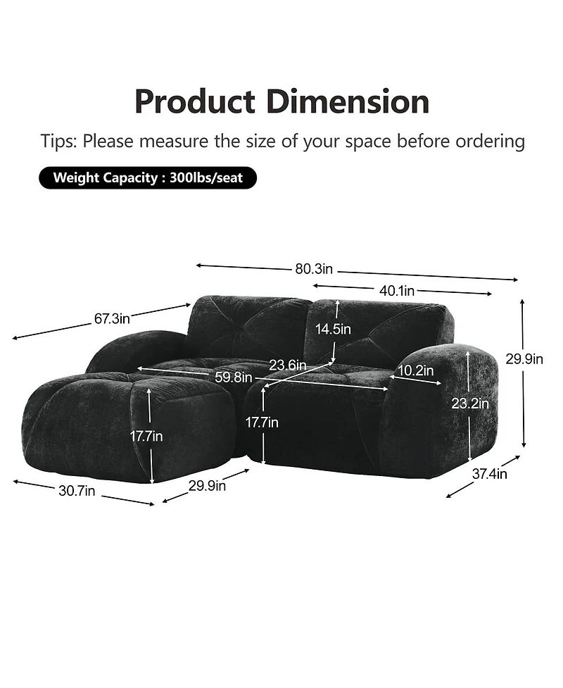 Maison Boucle 80.3'' Velvet Boneless L-Shaped Sofa, 2 Seater + Ottoman, No Assembly