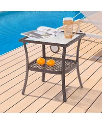 Sonkuki Outdoor Pe Rattan Side Table, Water-Corrugated Glass Tabletop Water-Proof for Indoor and