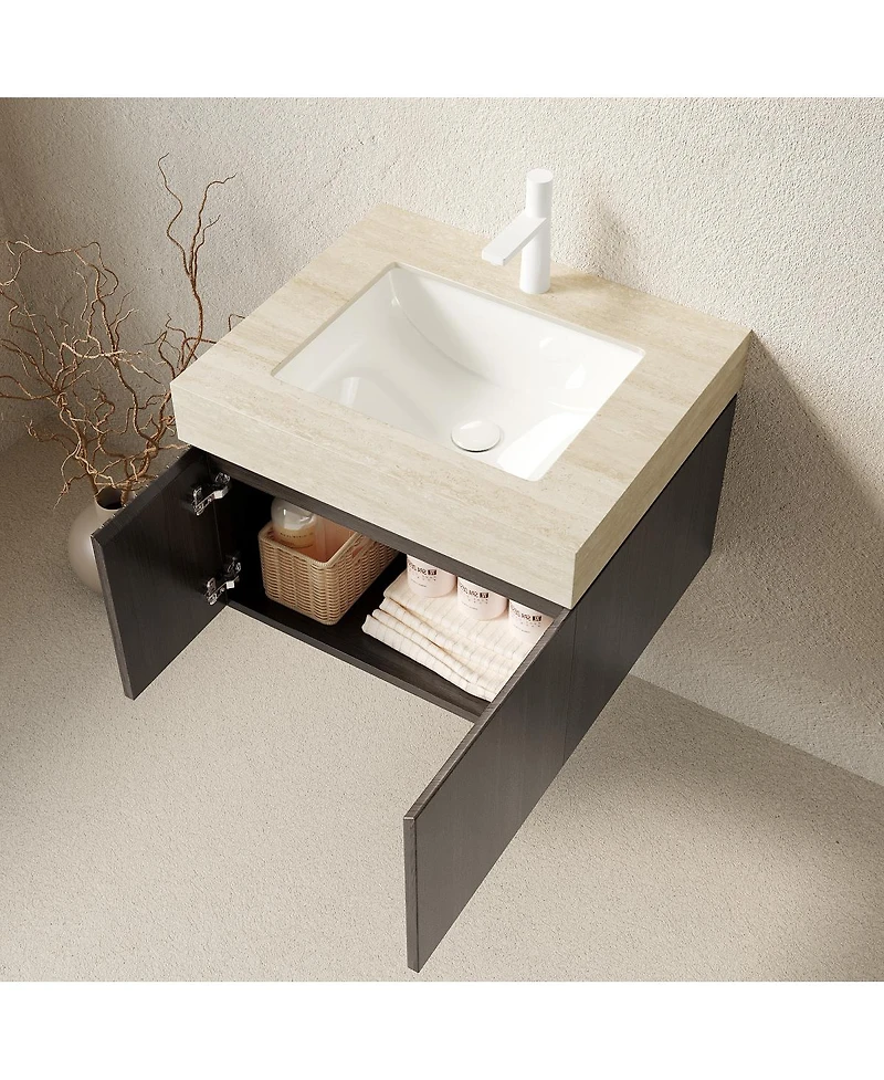Sillysis Floating Bathroom Vanity with Roma Travertine Sintered Stone Top, Ceramic Sink, Soft Close Storage